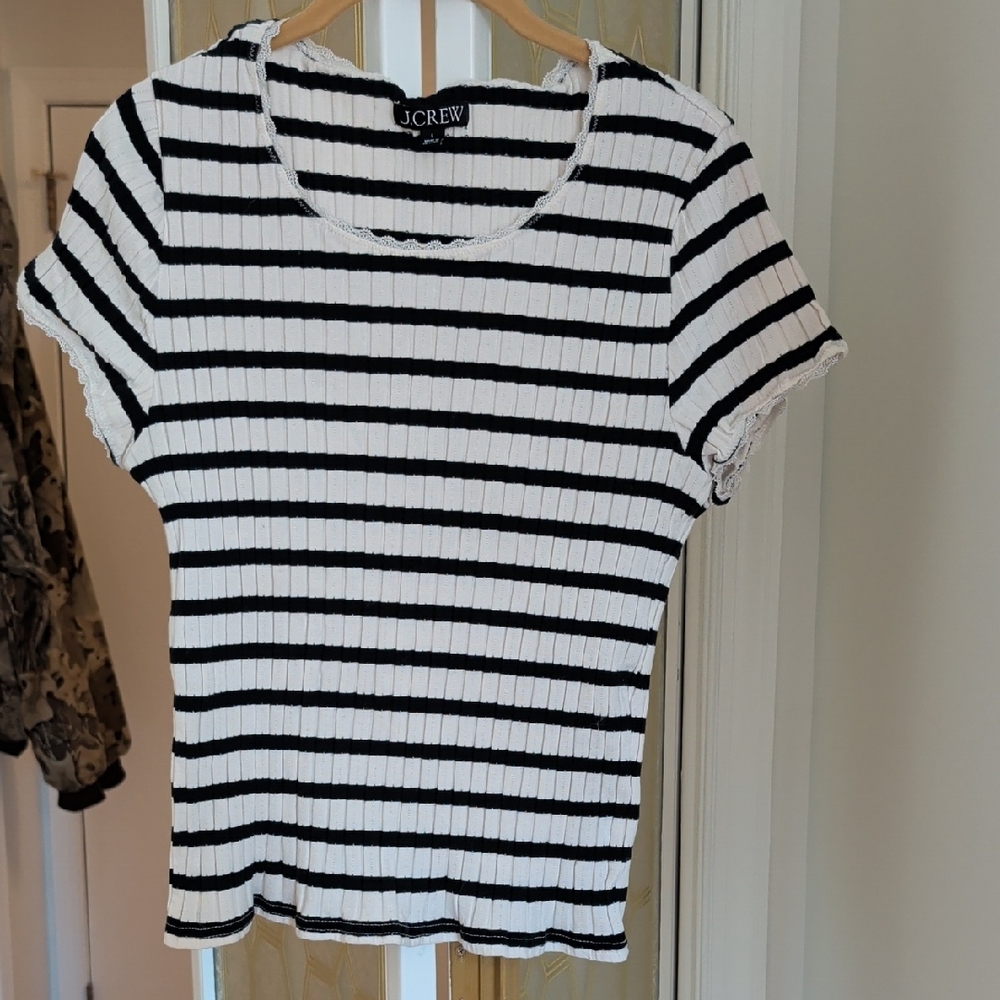 J. Crew Black and White Striped Ribbed Short Sleeve Tee. 97% Cotton. 8% Elastane